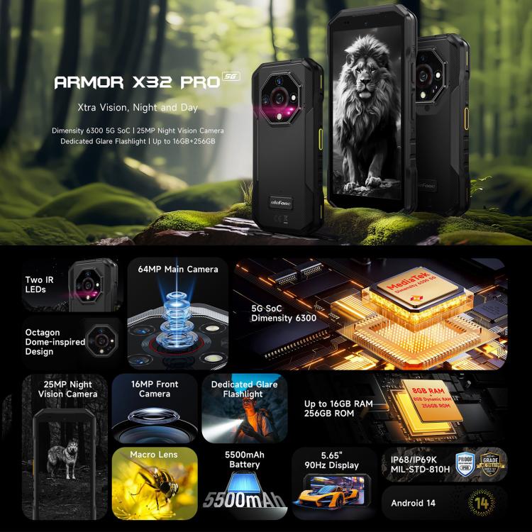 Ulefone Armor X32 Pro 5G, 8GB+256GB, Night Vision, IP68/IP69K Rugged Phone, 5.65 inch Android 14 MediaTek Dimensity 6300 Octa Core, Network: 5G, NFC, OTG, Armor X32 Pro 5G Ulefone Armor X32 Pro 5G, 8GB+256GB, Night Vision, IP68/IP69K Rugged Phone, 5.65 inch Android 14 MediaTek Dimensity 6300 Octa Core, Network: 5G, NFC, OTG, Armor X32 Pro 5G